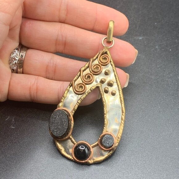 Brutalist Pendant Drop Shaped Mix Metal and Stones Large Handcrafted 70s Pendant - Picture 3 of 5